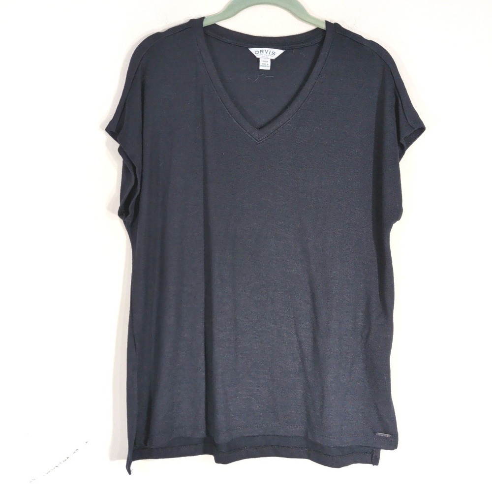 Orvis Black V-Neck Knit Top; Short Sleeve, Side Slits, Rayon Blend